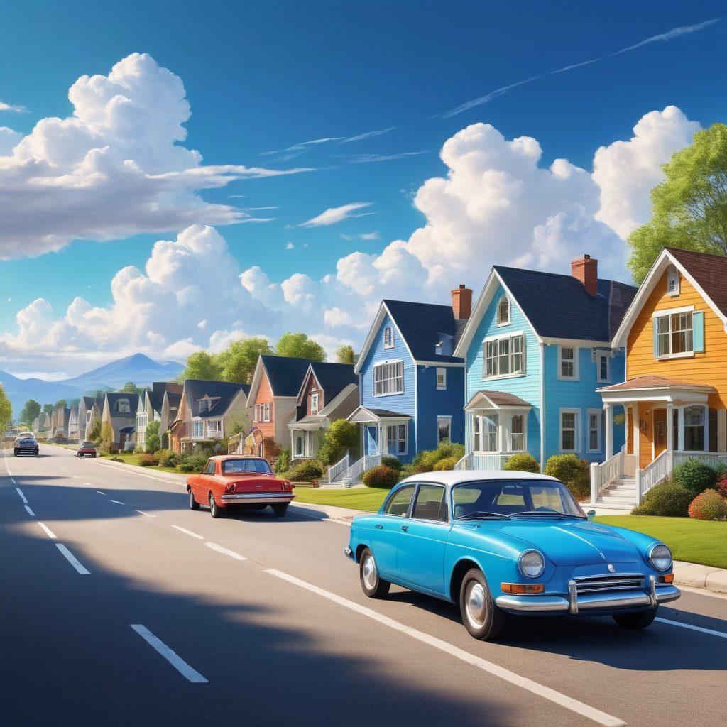 An open road flanked by cozy homes and sleek cars, symbolizing the journey through insurance options. Bright blue skies with fluffy clouds convey a sense of freedom and exploration. A friendly guide character with a map in hand navigates between the houses and cars, illustrating affordability. Infographics on home and auto insurance benefits subtly integrated into the setting. cartoonish style. vibrant colors. 2D digital art.