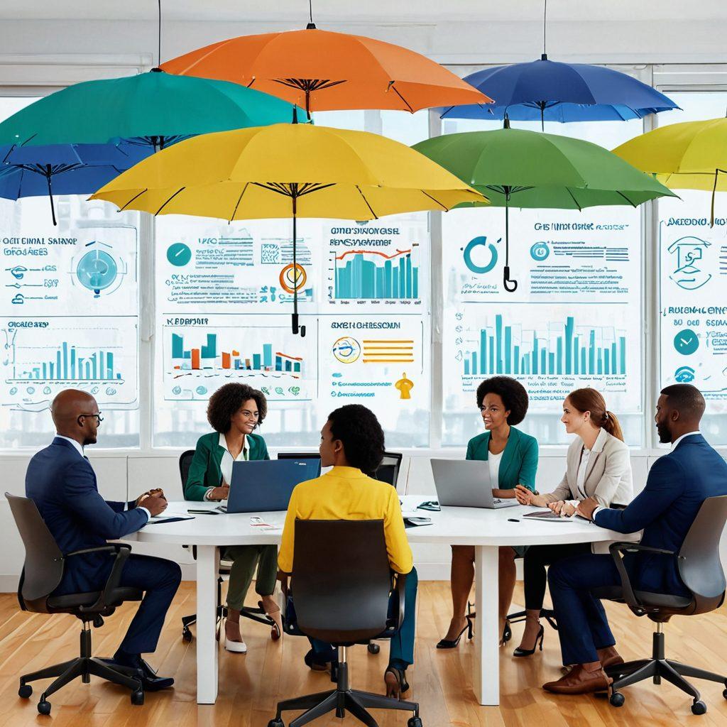 A conceptual illustration depicting a diverse group of people confidently reviewing their insurance options in a modern office setting. Include symbols of protection like umbrellas or shields made of various materials. Show a digital interface with colorful infographics and charts illustrating comprehensive coverage plans. Bright, empowering colors to evoke positive emotions. vector art. vibrant colors.