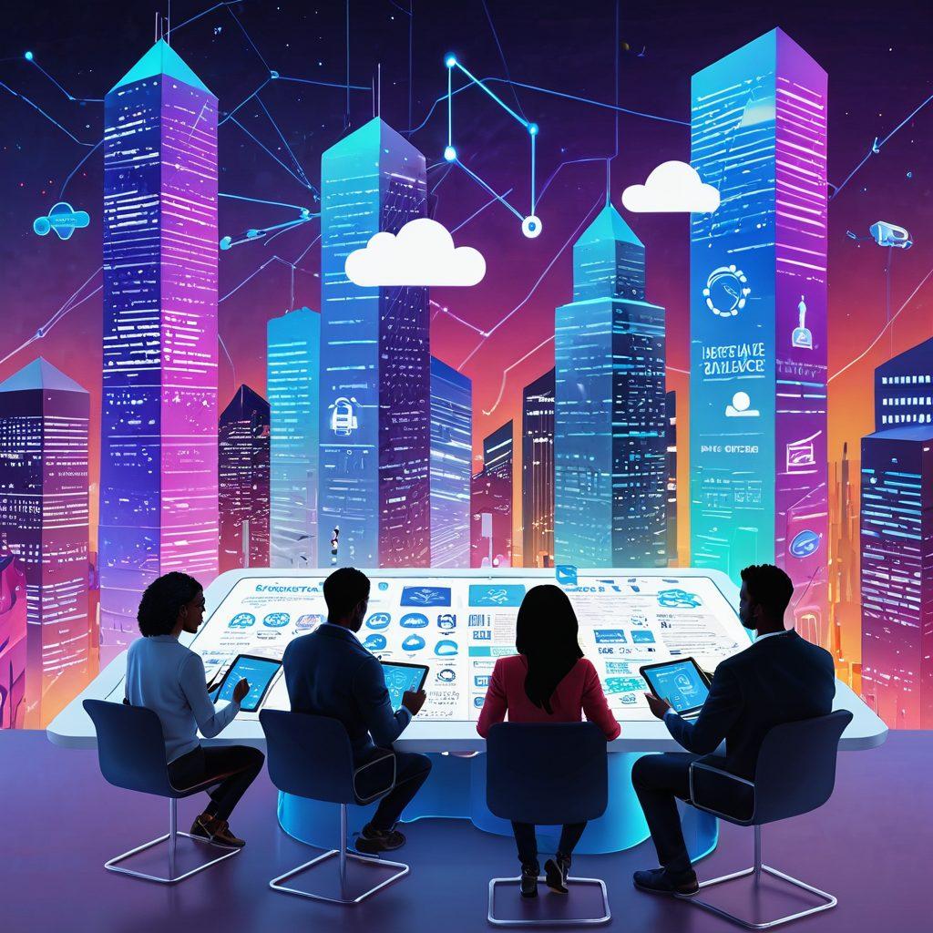 An illustrated digital landscape showcasing a futuristic insurance platform, featuring a diverse group of people using tablets and smartphones to compare insurance quotes, with floating icons representing various insurance policies and quotes around them. The background should represent a vibrant city with digital screens and data streams, highlighting the online nature of the service. Use bright, engaging colors to convey a sense of innovation and accessibility. 3D. vibrant colors. futuristic style.